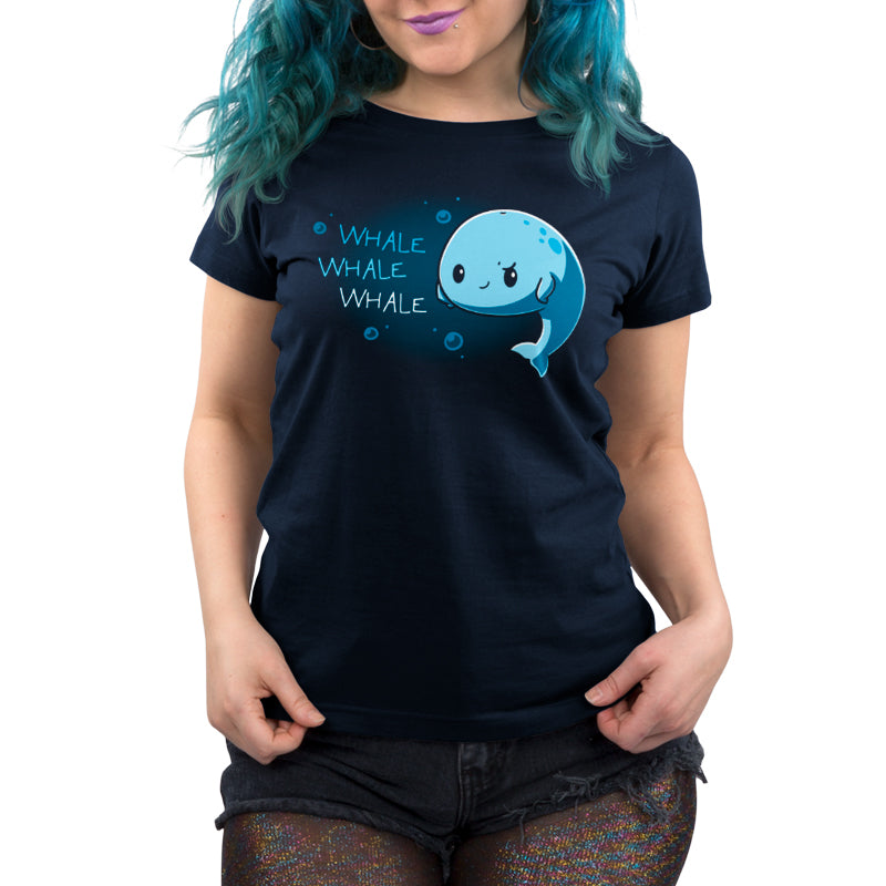 Premium Cotton T-shirt_Teeturtle Whale Whale Whale navy blue t-shirt featuring a cute, smug whale floating in the ocean with their fins on their sides with 'Whale, Whale, Whale.' written next to them.