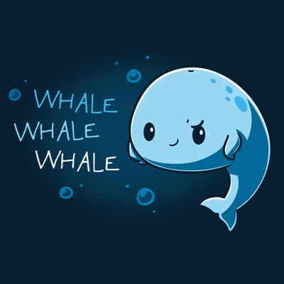 Premium Cotton T-shirt_TeeTurtle navy blue Whale Whale Whale featuring a cute, smug whale floating in the ocean with their fins on their sides with 'Whale, Whale, Whale' written next to them.