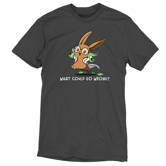 A charcoal gray t-shirt with a bunny on it that says 