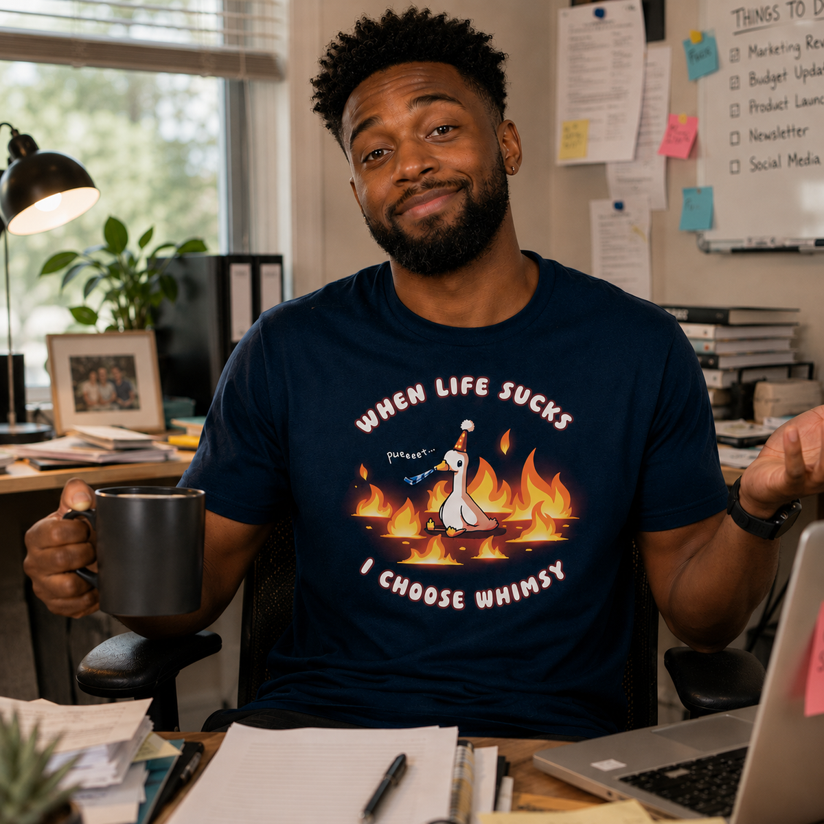 Men's Premium T-shirt_TeeTurtle navy When Life Sucks I Choose Whimsy Premium Cotton T-shirt featuring a goose with a party hat and a noisemaker sitting surrounded by fire. The text reads "When Life Sucks I choose Whimsy" with "pweeeet" as the sound of the noisemaker. 