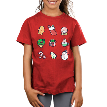 Premium Cotton T-shirt - A child stands wearing a monsterdigital original Why I Love Christmas apparel, displaying various holiday-themed icons including a gingerbread man, stocking, gingerbread cookies, a gift, a wreath, a cup with a candy cane, a candy cane, a tree, and a snowman.