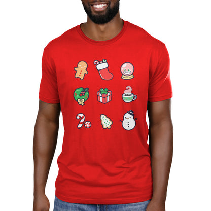 Premium Cotton T-shirt_TeeTurtle Why I Love Christmas red t-shirt featuring 9 classic holiday themed illustrations including a gingerbread man and snowman.