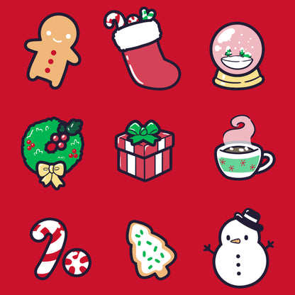 Premium Cotton T-shirt - A red background with nine TeeTurtle original Christmas-themed illustrations including a gingerbread man, Christmas stocking, snow globe, wreath, gift box, mug, candy cane, tree cookie, and a snowman. Perfect for a festive Christmas apparel called "Why I Love Christmas" by monsterdigital!