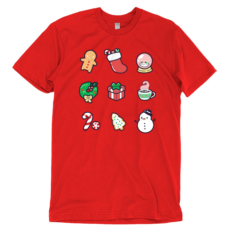 Premium Cotton T-shirt - Red Christmas apparel adorned with festive icons like a gingerbread man, stocking, snow globe, wreath, gift, hot chocolate, candy canes, Christmas tree, and snowman. This monsterdigital original "Why I Love Christmas" captures the holiday spirit perfectly!