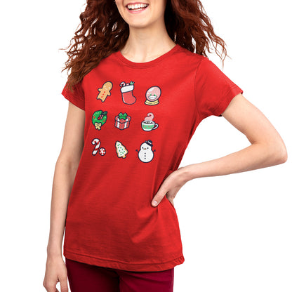 Premium Cotton T-shirt - A person with wavy red hair smiles while wearing a monsterdigital Why I Love Christmas apparel adorned with festive icons, including a gingerbread man, stocking, presents, candy cane, and a snowman.