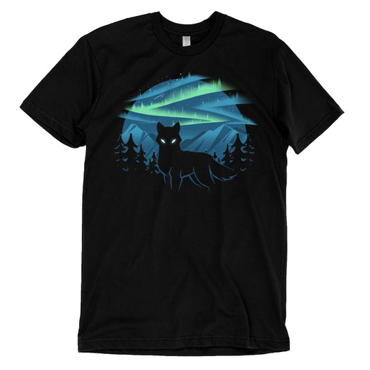 Super soft ringspun cotton Black T-shirt featuring a glowing-eyed wolf standing in front of trees, mountains, and the enchanting Wild Aurora by monsterdigital.