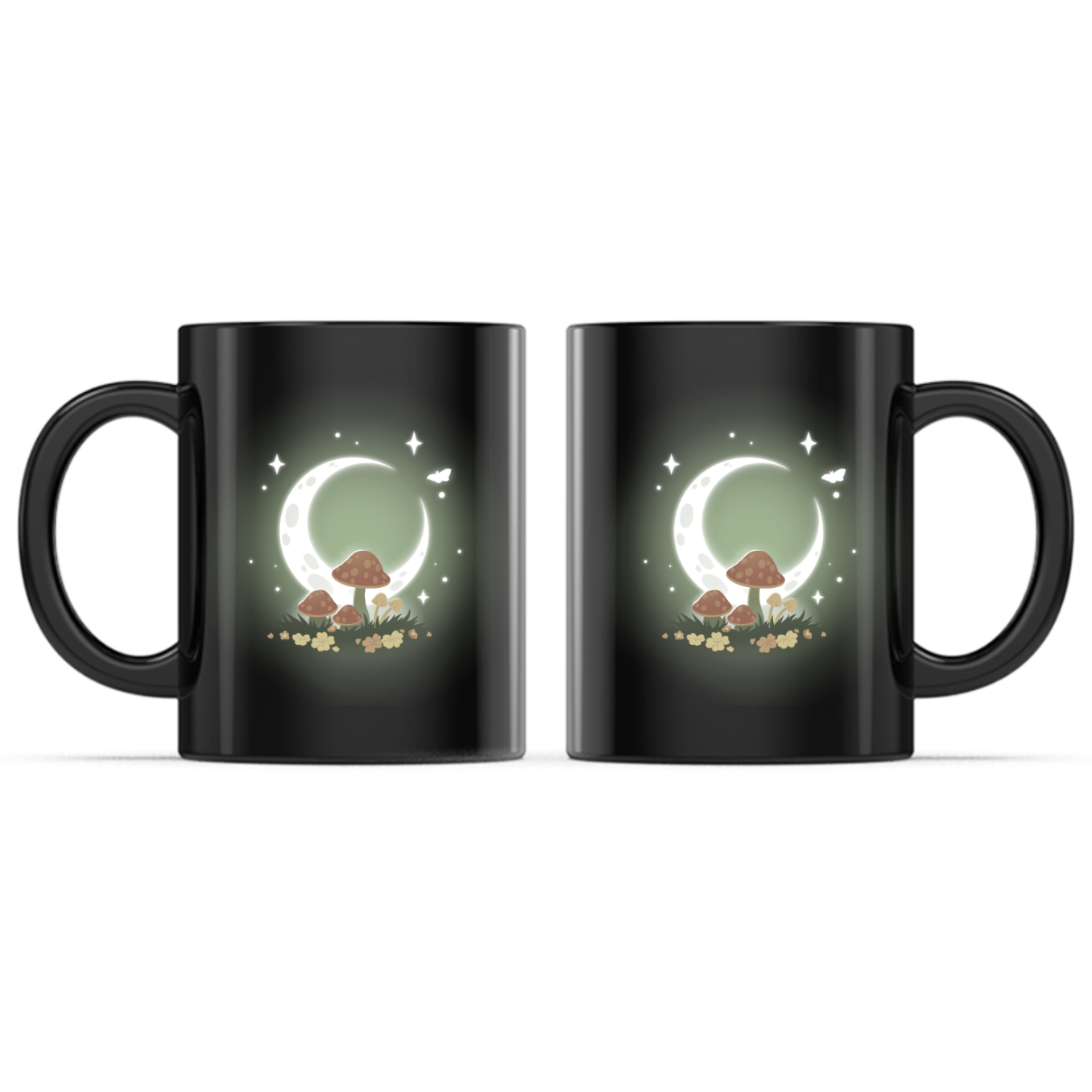 Ceramic Mug_TeeTurtle Wild Mushrooms Mug black mug featuring glowing mushrooms beneath a luminous crescent moon surrounded by wildflowers, twinkling stars, and a fluttering butterfly in a magical nighttime forest scene.