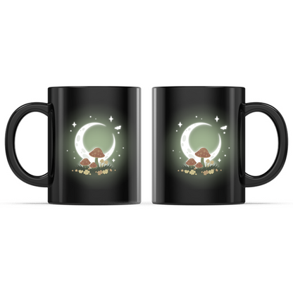 Ceramic Mug_TeeTurtle Wild Mushrooms Mug black mug featuring glowing mushrooms beneath a luminous crescent moon surrounded by wildflowers, twinkling stars, and a fluttering butterfly in a magical nighttime forest scene.