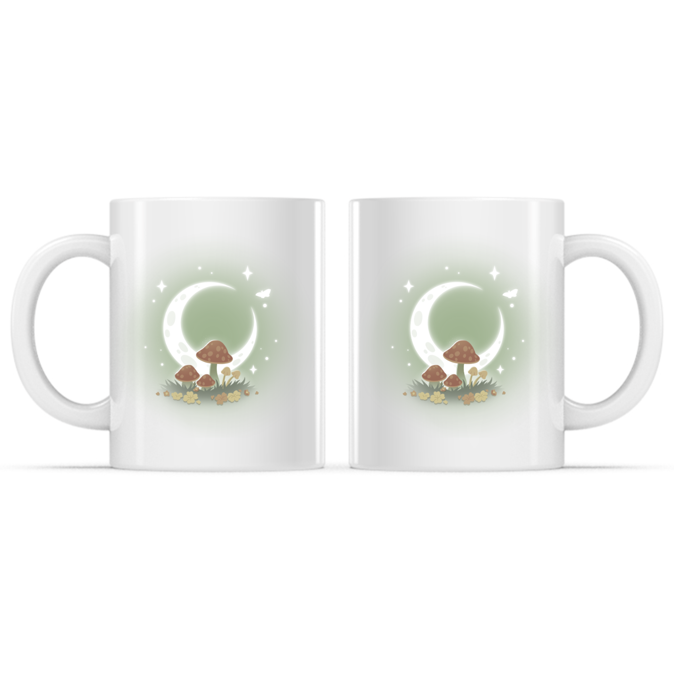 Ceramic Mug_TeeTurtle Wild Mushrooms Mug white mug featuring glowing mushrooms beneath a luminous crescent moon surrounded by wildflowers, twinkling stars, and a fluttering butterfly in a magical nighttime forest scene.