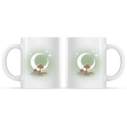 Ceramic Mug_TeeTurtle Wild Mushrooms Mug white mug featuring glowing mushrooms beneath a luminous crescent moon surrounded by wildflowers, twinkling stars, and a fluttering butterfly in a magical nighttime forest scene.