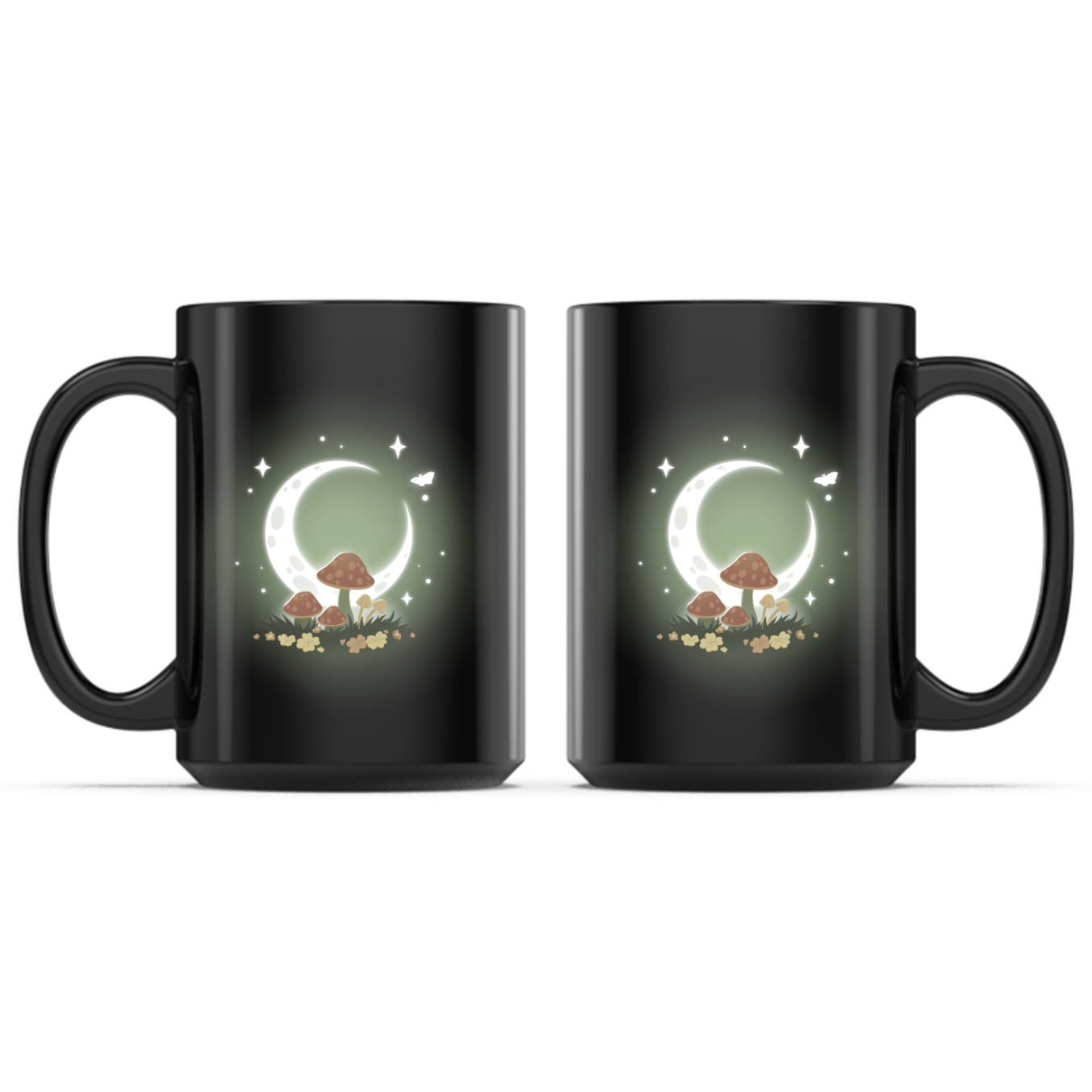 Ceramic Mug_TeeTurtle Wild Mushrooms Mug black mug featuring glowing mushrooms beneath a luminous crescent moon surrounded by wildflowers, twinkling stars, and a fluttering butterfly in a magical nighttime forest scene.