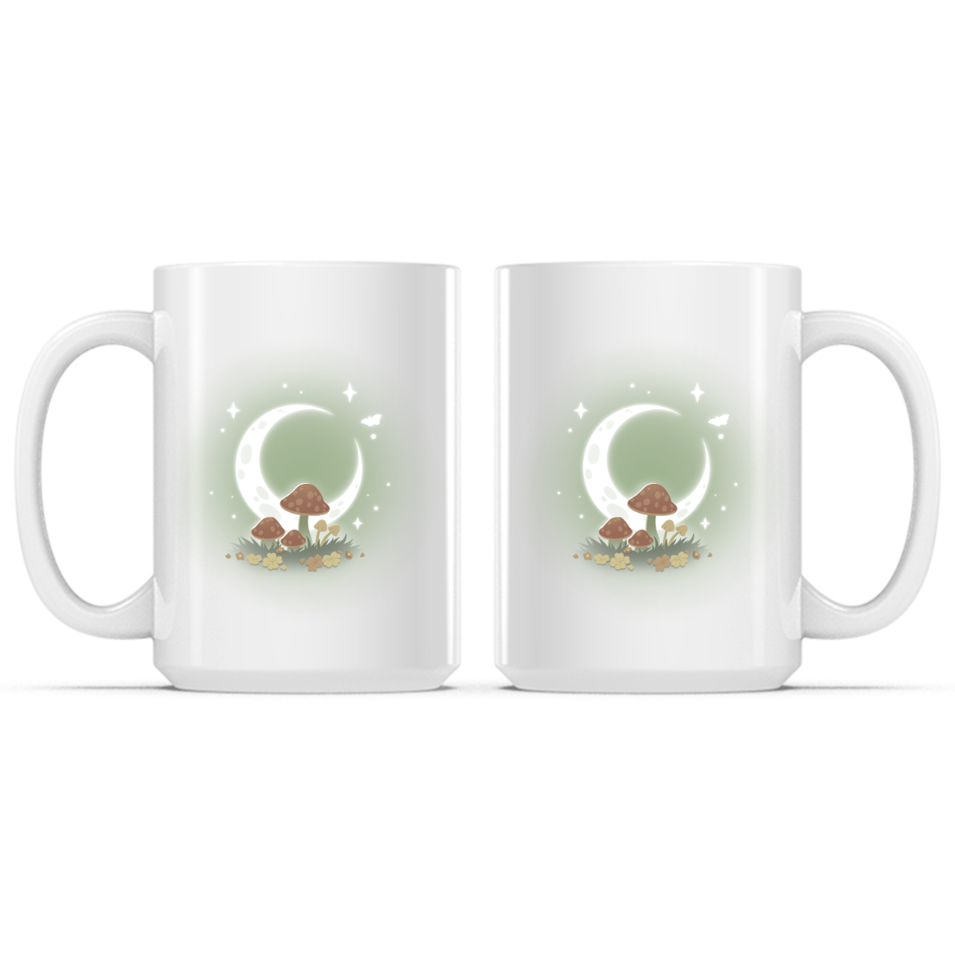 Ceramic Mug_TeeTurtle Wild Mushrooms Mug white mug featuring glowing mushrooms beneath a luminous crescent moon surrounded by wildflowers, twinkling stars, and a fluttering butterfly in a magical nighttime forest scene.