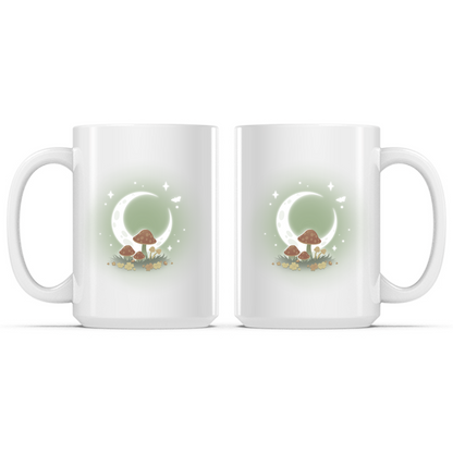 Ceramic Mug_TeeTurtle Wild Mushrooms Mug white mug featuring glowing mushrooms beneath a luminous crescent moon surrounded by wildflowers, twinkling stars, and a fluttering butterfly in a magical nighttime forest scene.