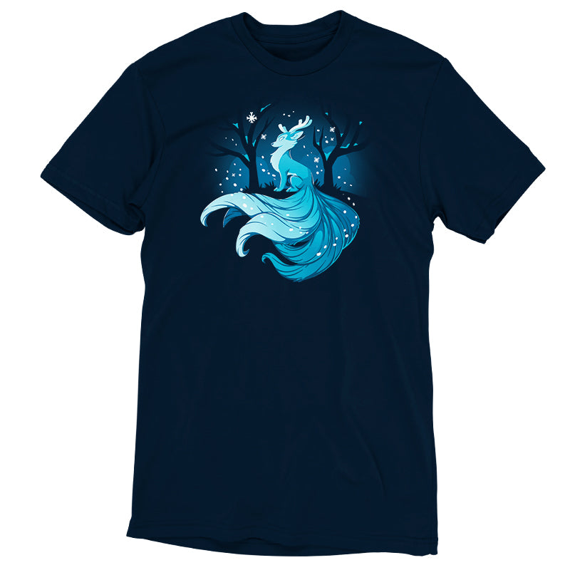 Introducing the "Winter Kitsune" t-shirt by monsterdigital, a super soft ringspun cotton navy blue tee featuring an artistic design of a stylized fox with a flowing tail under a starry sky, surrounded by trees.