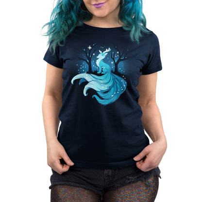 A person wearing a navy blue monsterdigital "Winter Kitsune" t-shirt made from super soft ringspun cotton, paired with black shorts and sparkly tights.