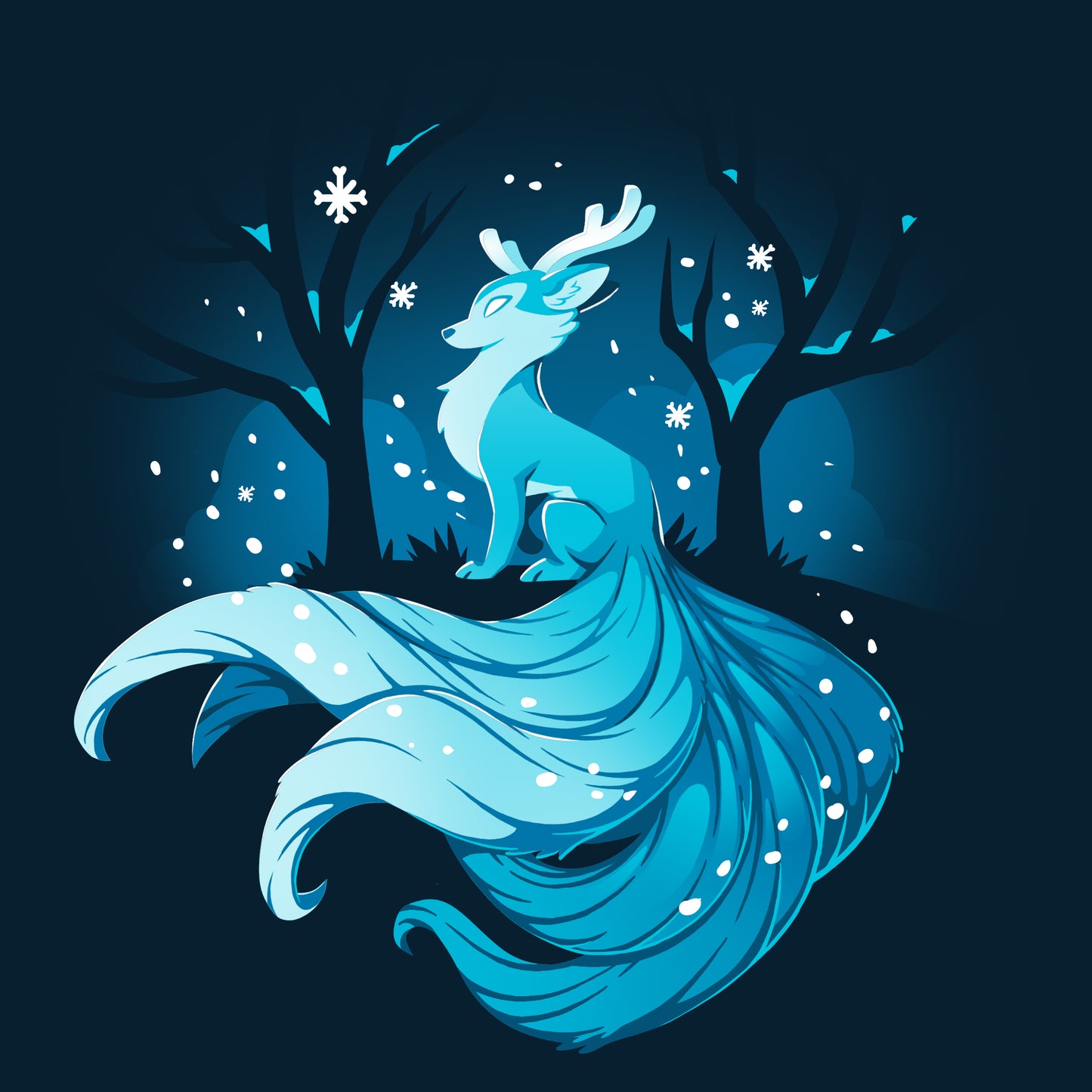 A Winter Kitsune illustration of a blue Kitsune in the forest by TeeTurtle.