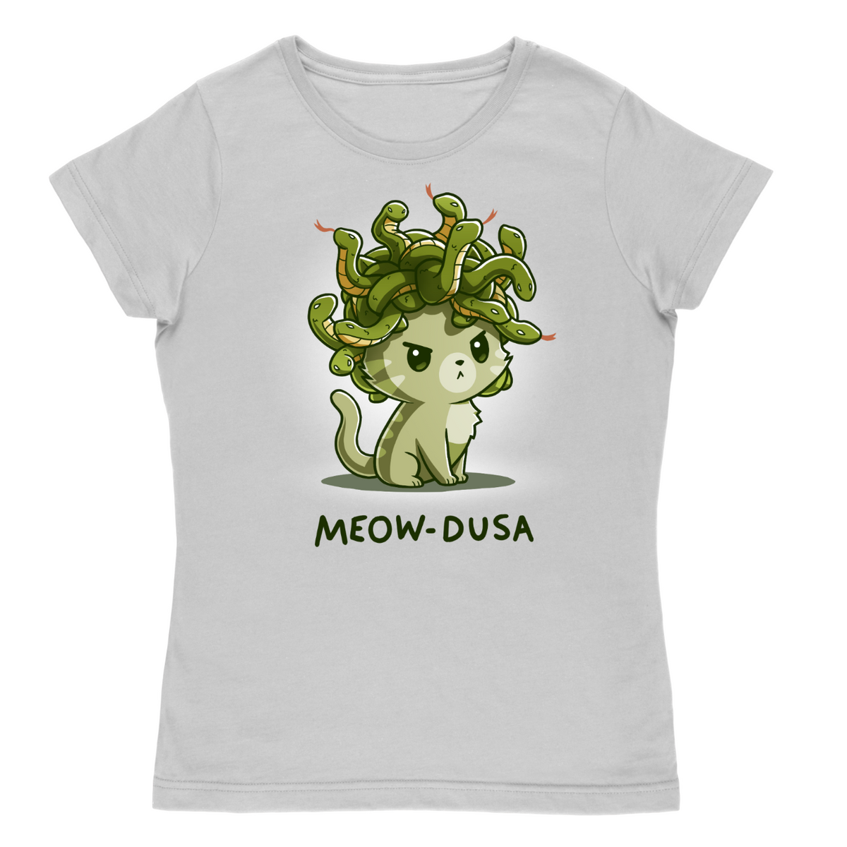 Women's Premium T-Shirt_TeeTurtle light gray Meow-dusa Women's Premium T-Shirt featuring a grumpy pale green cat with a head full of green snakes and the text "Meow-dusa."