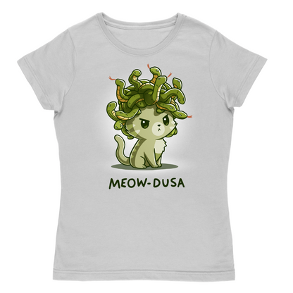 Women's Premium T-Shirt_TeeTurtle light gray Meow-dusa Women's Premium T-Shirt featuring a grumpy pale green cat with a head full of green snakes and the text "Meow-dusa."
