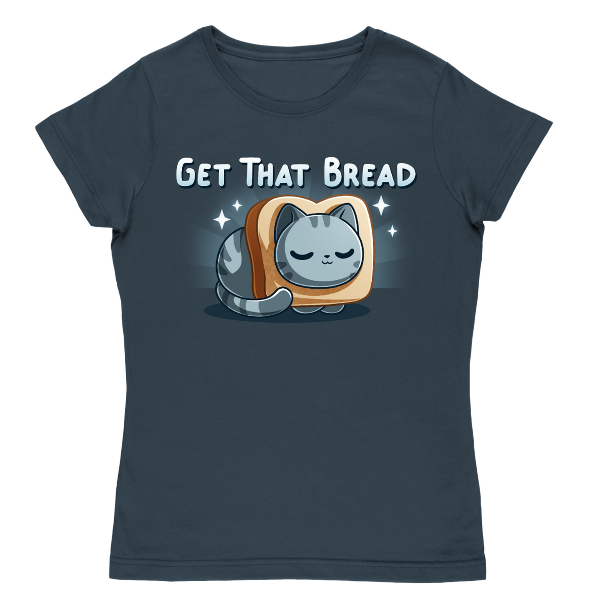 Women's Premium T-Shirt_TeeTurtle dark teal Get That Bread Women's Premium T-Shirt featuring a cozy gray tabby cat curled up inside a slice of toast with sparkles around it and the text "Get That Bread."
