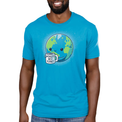 Premium Cotton T-shirt_Teeturtle cobalt blue World's Best Planet apparel featuring a cute smiling Earth holding a coffee mug that reads 'World's Best Planet'.