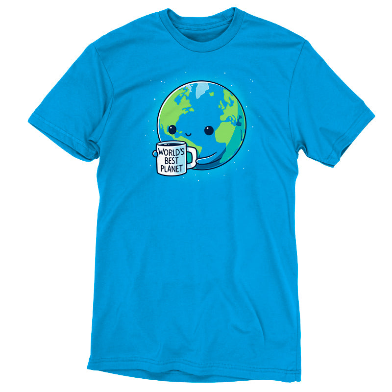 Premium Cotton T-shirt_Teeturtle World's Best Planet Cobalt Blue Featuring a cute cartoon-styled Earth holding a mug that reads 'World's Best Planet'.