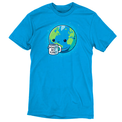 Premium Cotton T-shirt_Teeturtle cobalt blue World's Best Planet apparel featuring a cute smiling Earth holding a coffee mug that reads 'World's Best Planet'.