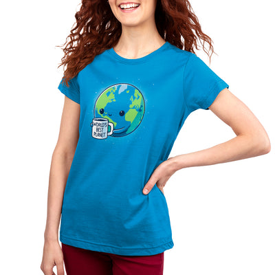 Premium Cotton T-shirt_Teeturtle cobalt blue World's Best Planet apparel featuring a cute smiling Earth holding a coffee mug that reads 'World's Best Planet'.