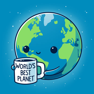 Premium Cotton T-shirt_Teeturtle cobalt blue World's Best Planet apparel featuring a cute smiling Earth holding a coffee mug that reads 'World's Best Planet'.