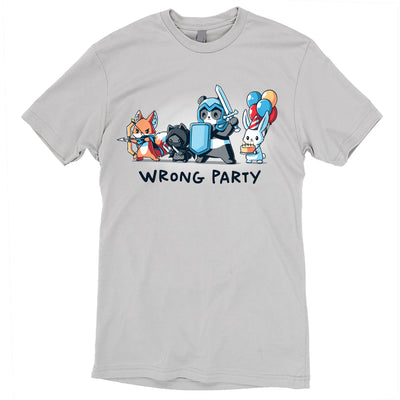 Premium Cotton T-shirt_TeeTurtle silver gray Wrong Party features a group of cartoon animals dressed as an archer fox, ninja cat, knight panda, and a rabbit holding balloons and cake. Text below reads "WRONG PARTY." 