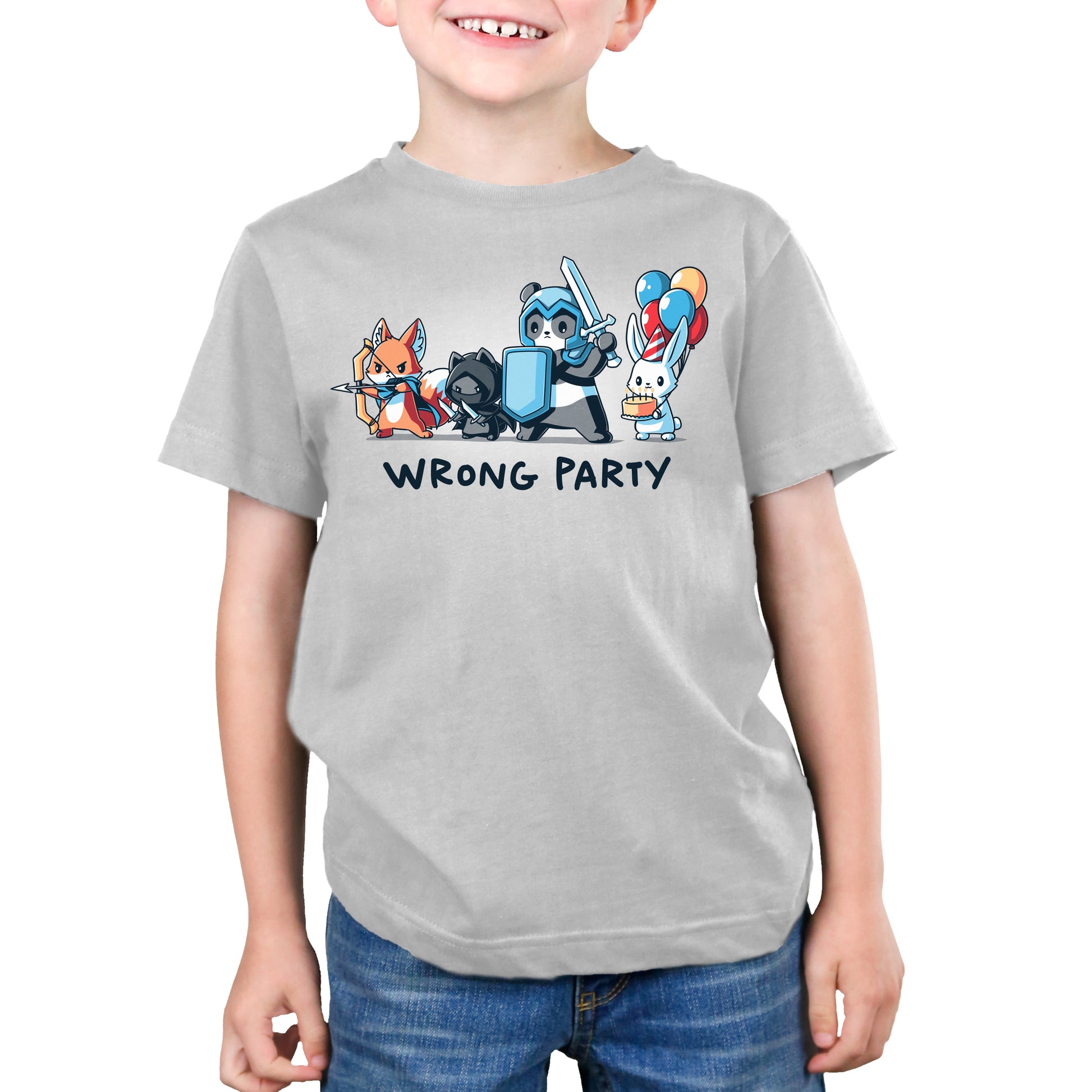 A young boy wearing a TeeTurtle t-shirt that says "Wrong Party.