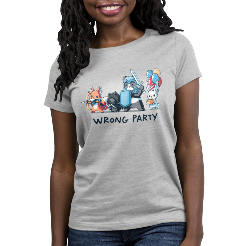 A woman wearing a silver t-shirt from TeeTurtle that says "Wrong Party.