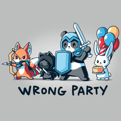 Premium Cotton T-shirt_TeeTurtle silver gray Wrong Party features a group of cartoon animals dressed as an archer fox, ninja cat, knight panda, and a rabbit holding balloons and cake. Text below reads "WRONG PARTY." 