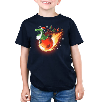 A young boy wearing a TeeTurtle X-Mas Rex t-shirt.