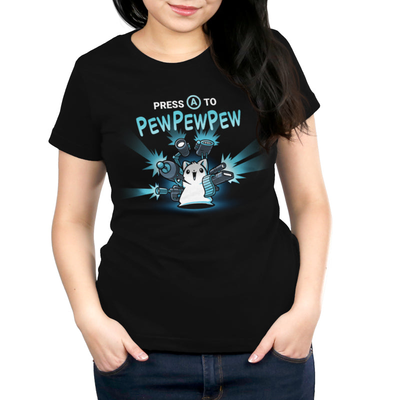 Premium Cotton T-shirt_TeeTurtle black Press A to PEWPEWPEW apparel featuring a cat holding a lot of guns.