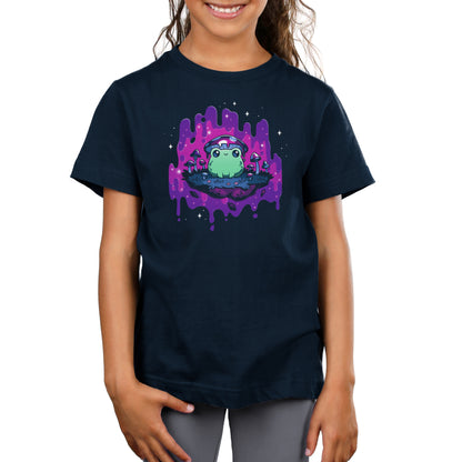 Premium Cotton T-shirt_TeeTurtle navy blue Trippy Toadstool apparel featuring a frog wearing a mushroom hat perched on a floating rock with a purple psychedelic dripping background surrounded by sparkles.