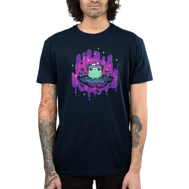 Premium Cotton T-shirt_TeeTurtle navy blue Trippy Toadstool apparel featuring a frog wearing a mushroom hat perched on a floating rock with a purple psychedelic dripping background surrounded by sparkles.