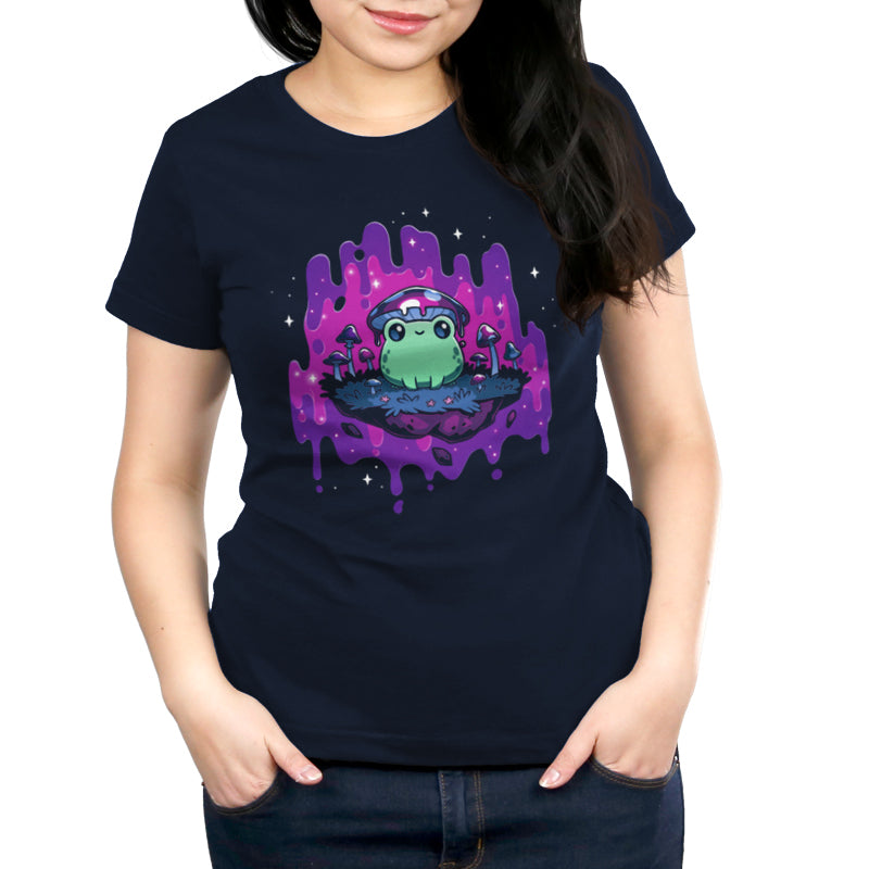 Premium Cotton T-shirt_TeeTurtle navy blue Trippy Toadstool apparel featuring a frog wearing a mushroom hat perched on a floating rock with a purple psychedelic dripping background surrounded by sparkles.