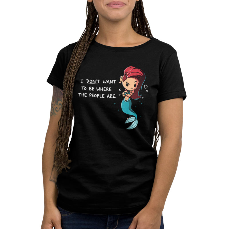 Premium Cotton T-shirt_TeeTurtle black Salty Mermaid. Featuring a grumpy mermaid with an alternative hairstyle saying, "I don't want to be where the people are.".