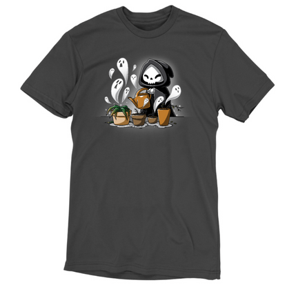 Premium Cotton T-shirt_TeeTurtle charcoal Certified Black Thumb Premium Cotton T-shirt featuring a grim reaper watering wilted and dead plants that have little ghosts emerging from them