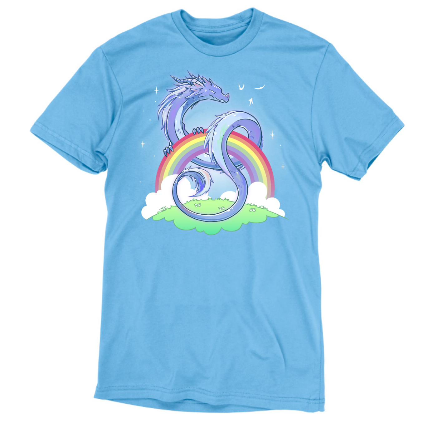 Premium Cotton T-shirt_TeeTurtle light blue Rainbow Protector Premium Cotton T-shirt featuring a smiling dragon protectively looped around a rainbow above a grassy area. There are sparkles around the dragon and rainbow. 