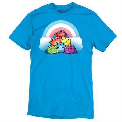 Premium Cotton T-shirt_TeeTurtle cobalt Hoppy Pride Premium Cotton T-shirt featuring a pyramid of happy frogs in the rainbow colors in front of a rainbow with the trans pride colors of light blue, white and pink. 