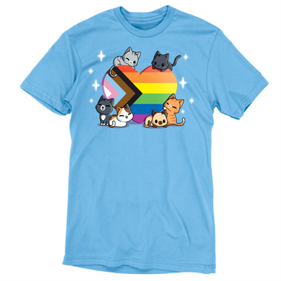 Premium Cotton T-shirt_TeeTurtle light blue Progress Purride Premium Cotton T-shirt featuring six different cats on or around a heart that is the colors of the progress pride flag. There are sparkles around them and all the cats look happy. 