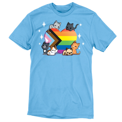 Premium Cotton T-shirt_TeeTurtle light blue Progress Purride Premium Cotton T-shirt featuring six different cats on or around a heart that is the colors of the progress pride flag. There are sparkles around them and all the cats look happy. 
