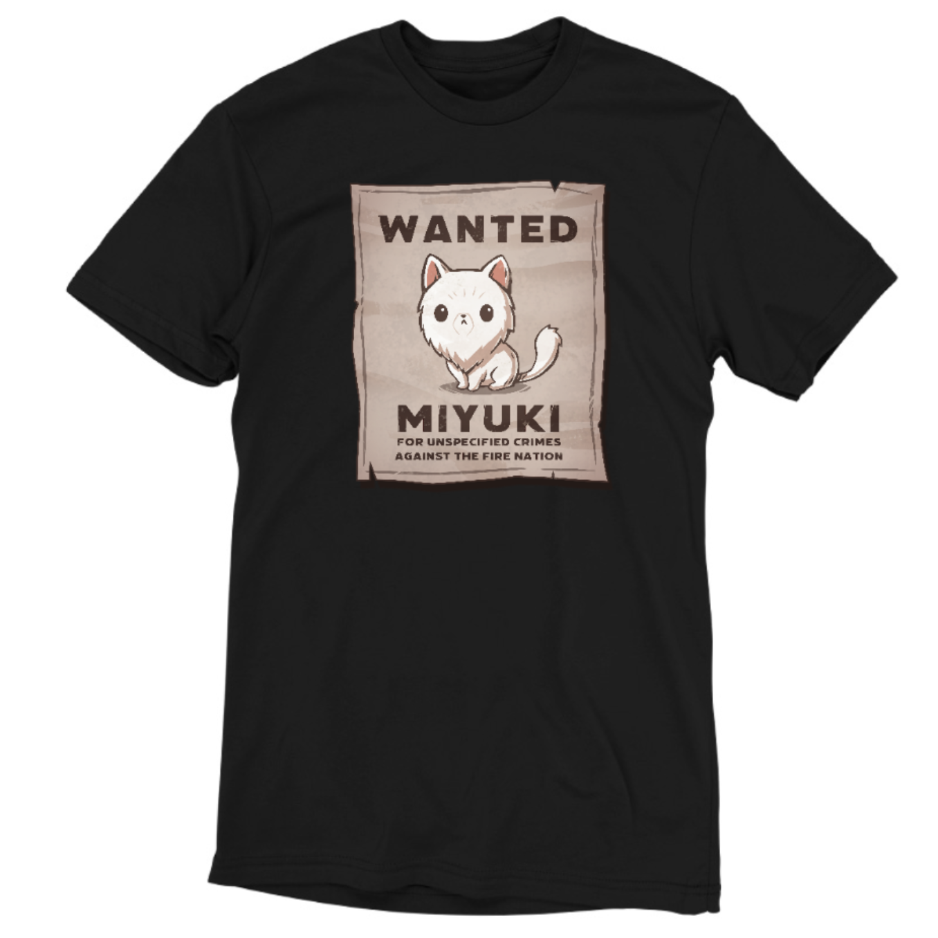 Premium Cotton T-shirt_TeeTurtle black Miyuki Wanted Poster Premium Cotton T-shirt featuring a tattered wanted poster with a drawing of a fluffy frowning white cat wth the text "Wanted Miyuki For Unspecified Crimes Against the Fire Nation". 