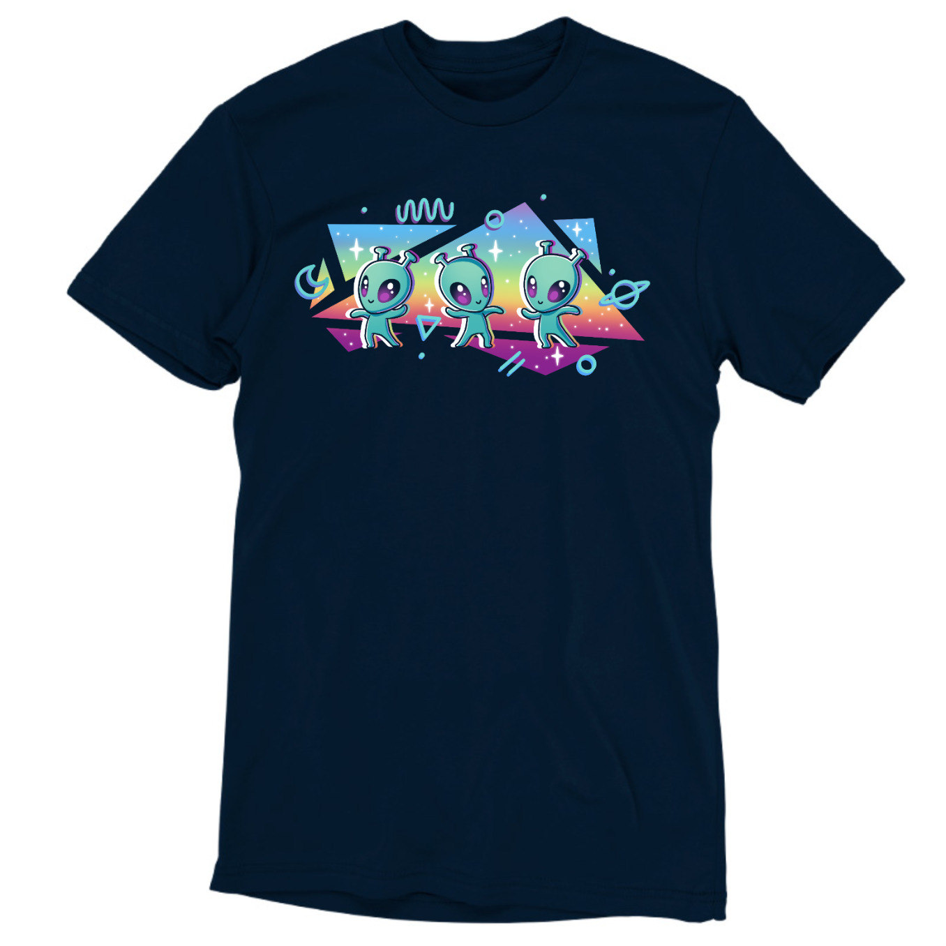 Premium Cotton T-shirt_TeeTurtle navy "Interstellar Pride" Premium Cotton T-shirt featuring three cut aliens dancing in front of geometric shapes filled with a rainbow gradient