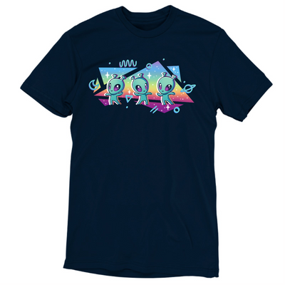Premium Cotton T-shirt_TeeTurtle navy "Interstellar Pride" Premium Cotton T-shirt featuring three cut aliens dancing in front of geometric shapes filled with a rainbow gradient