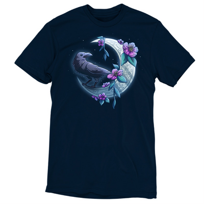 Premium Cotton T-shirt_TeeTurtle navy blue Midnight Perch Premium Cotton T-shirt featuring a raven perched and glowing atop a fancy crescent moon with pink flowers and stars in the background