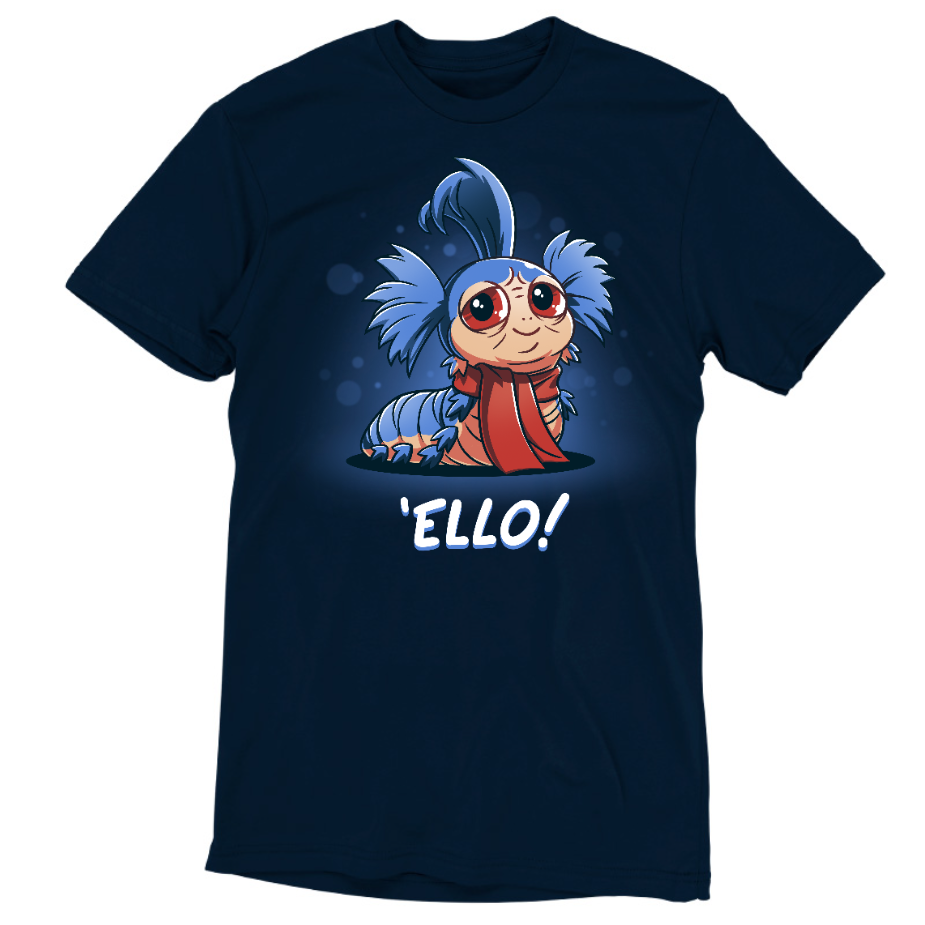 Premium Cotton T-shirt_TeeTurtle navy blue Ello! apparel featuring the worm William from the Labyrinth with a friendly, welcoming expression surrounded by transparent circles, and the caption, "Ello!".
