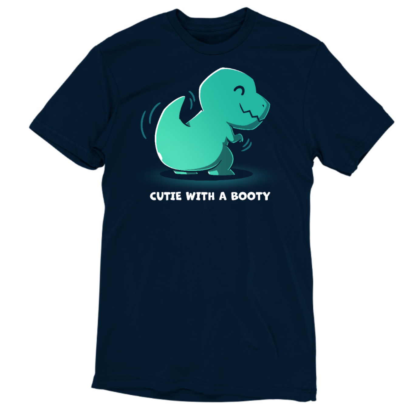 Premium Cotton T-shirt_TeeTurtle navy Cutie With a Booty Premium Cotton T-shirt featuring a happy green t-rex dinosaur wiggling its booty along with the text "Cutie With a Booty" 