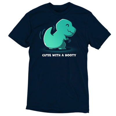 Premium Cotton T-shirt_TeeTurtle navy Cutie With a Booty Premium Cotton T-shirt featuring a happy green t-rex dinosaur wiggling its booty along with the text "Cutie With a Booty" 